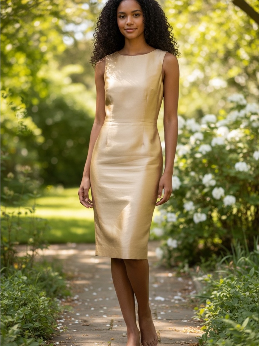 Like New Talbots Metallic Gold Sleeveless Midi Sheath Dress Sz 14